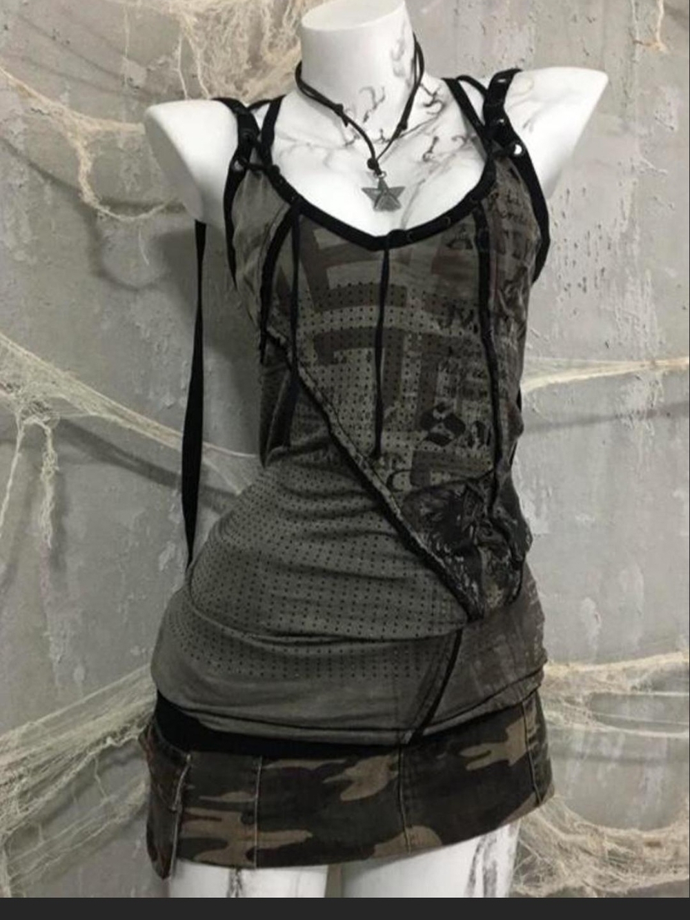 NWOT Salvage Rare Camo Print Studded Graphic W/Mesh And Lace-Up Dress. M